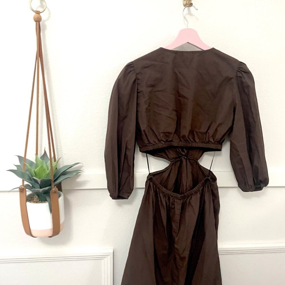 Gap Puff Sleeve Cut Out Midi Dress Long Sleeve Brown Size M - Picture 6 of 7